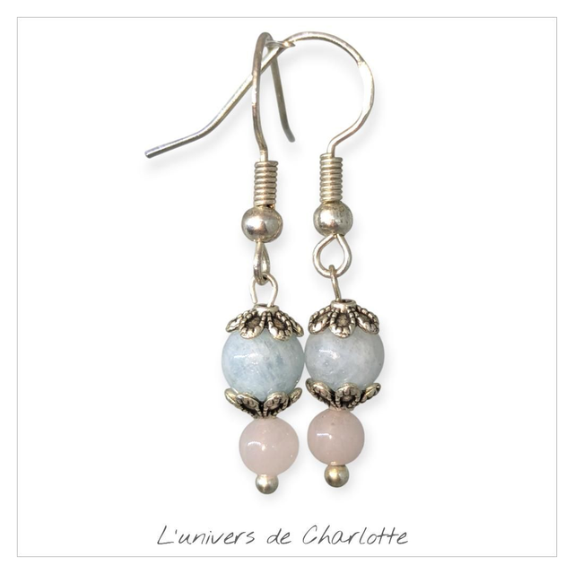 Boucles d&#039;oreilles &quot;Aigue-marine/Quartz rose&quot; BO-039