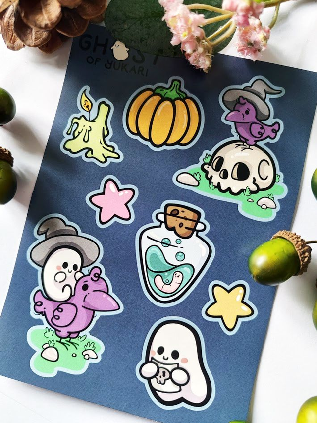 Spooky Crows, Ghosts, Worm and Pumpkin Sticker Sheet