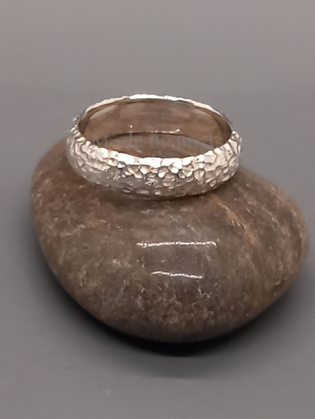 Moon Surface Inspired Individually Hand Patterned Sterling Silver Ring Band 