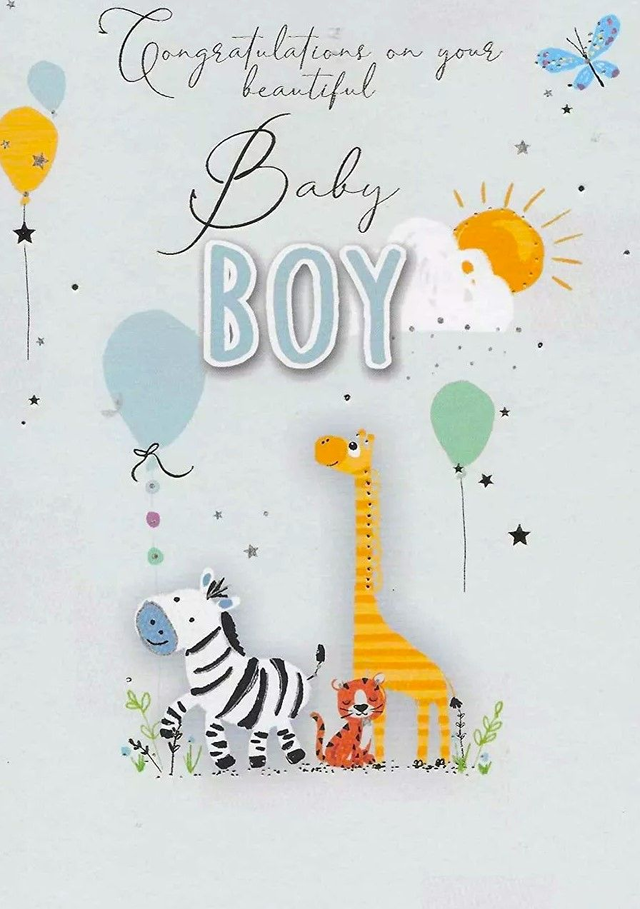 Boy Birth Baby Card Congratulations On Your Animals & Balloons Card.