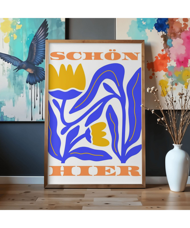 Statement Poster „SCHÖN HIER“ – Abstrakte Kunst in Blau, Gelb & Orange, Matisse inspiriert