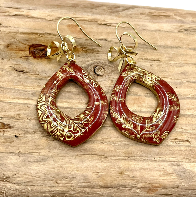 Red and gold Christmas bow earrings
