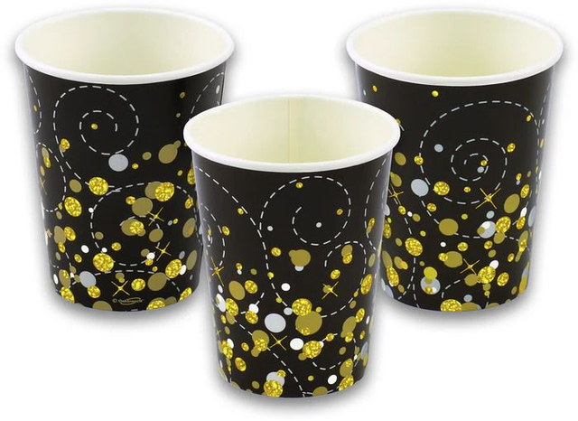 CUPS: SPARKLING FIZZ BLACK AND GOLD 9OZ 266ML (8 PER PACK)