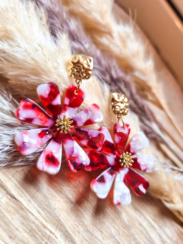 Boucles d'oreilles "Géraldine" - Modèle marbré rouge