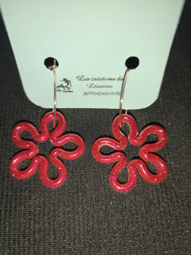 Créoles petites fleurs rouge pailleté