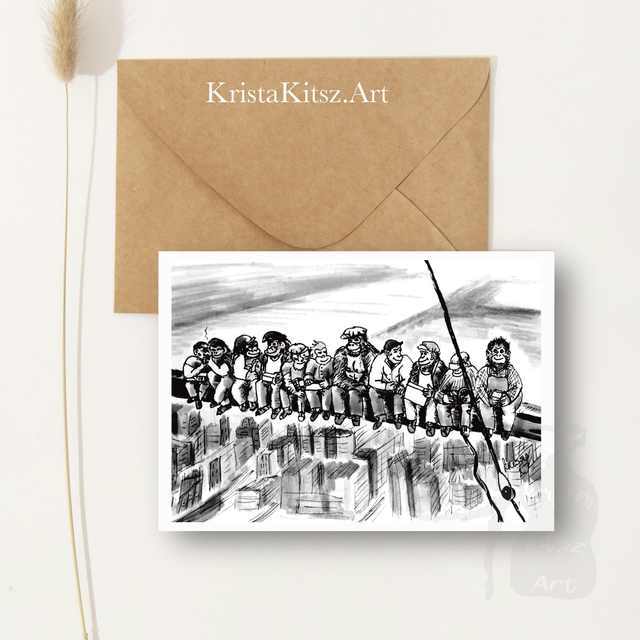 Gevouwen Ansichtkaart Apen Lunch Wolkenkrabber NY,  inclusief envelop