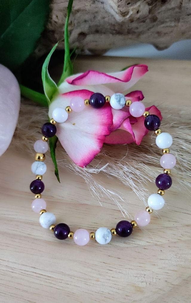 Bracelet "Stress Sérénité" Améthyste, Quartz rose et Howlite
