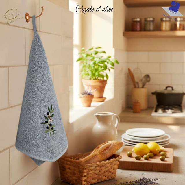 Essuie-mains de Prestige – Olives de Nice &amp; Cigales – Broderie Artisanale