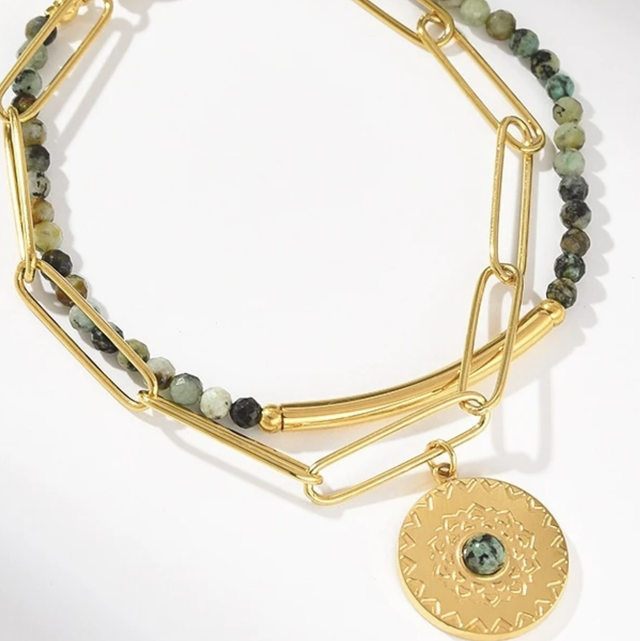 Bracelet double range pierre vert