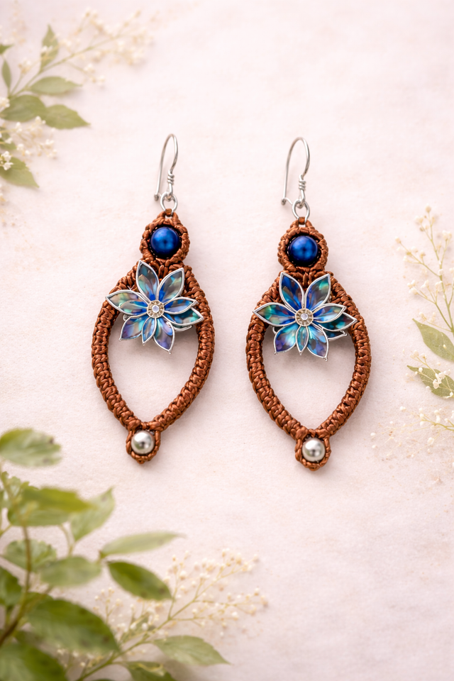 Boucles d’oreilles macramé marron - bohème bleu – Fleur &amp; perles