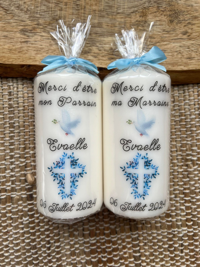 Bougie baptême personnalisée colombe et croix