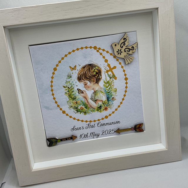 Personalised Communion frame for boys. Handmade First Communion gift set.