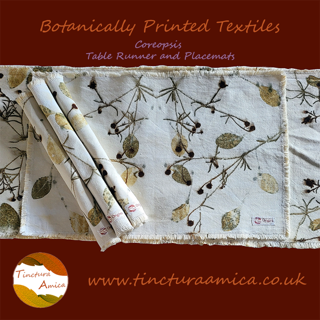Table Linen Set - Eco printed with coreopsis leaves and flowers