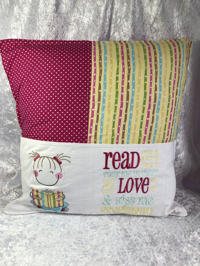 Cute Girl Reading Book Cushion with embroidered pocket