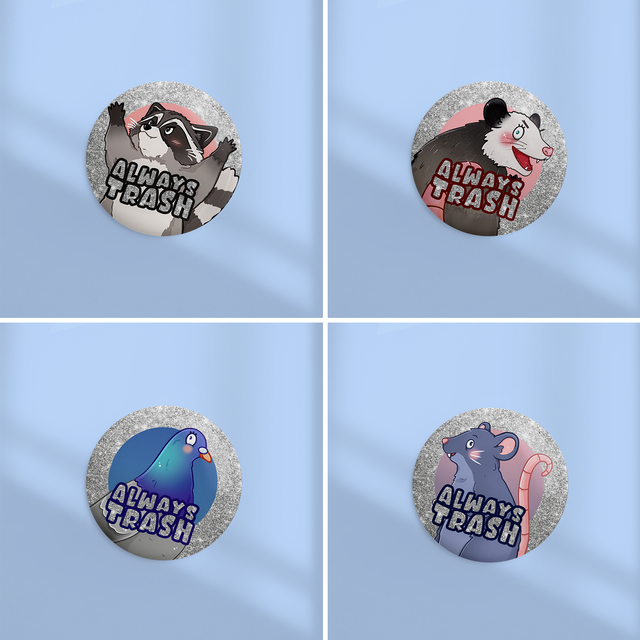 Badges pailletés argent 44mm ALWAYS TRASH ~Nouvelle version~