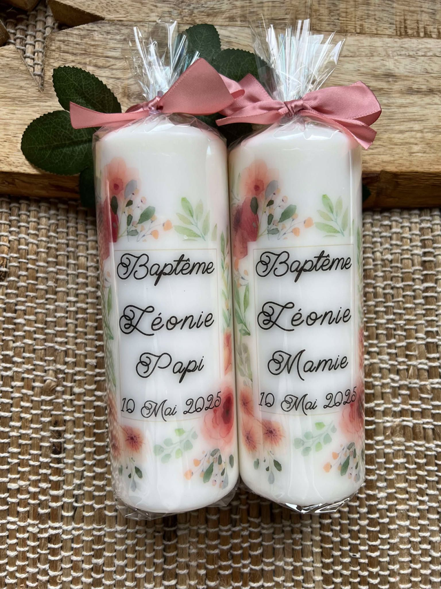 Bougie baptême, communion, thème fleurs