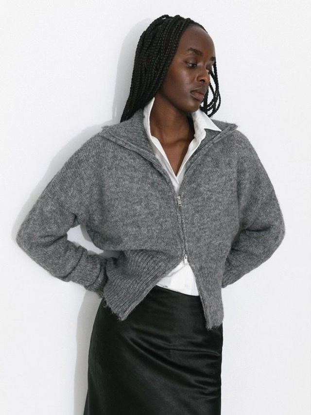 Alpaca Blend Zip-Up Cardigan - Grey
