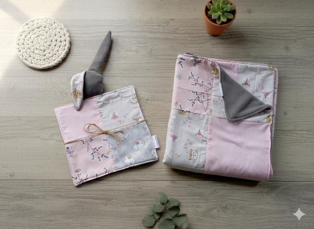 Couverture patchwork et son doudou.