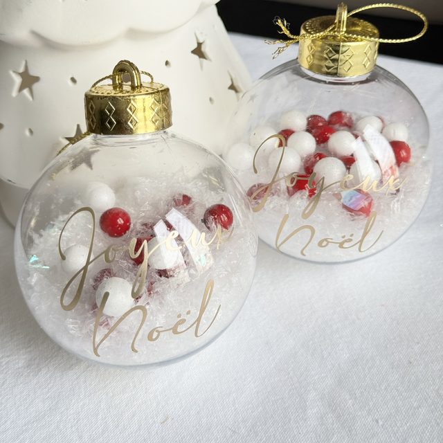 Boule Neige blanche et rouge "Joyeux Noël"