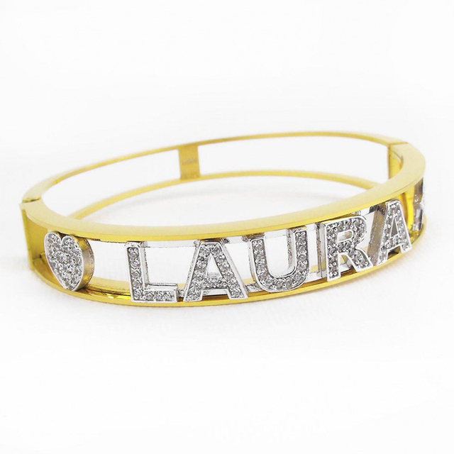 Bracciale a Manetta in acciaio  Personalizzato con Nome Cuore o Stella e Lettere con Zirconi Regalo Elegante per Donna e Ragazza Placcato Oro