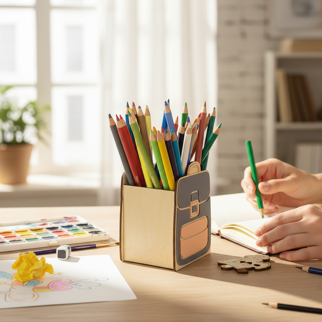 Pot à crayons et stylos en bois, cadeau pour enfants, décor cartable