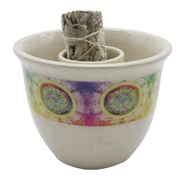 Bol Fumigation Céramique Fleur de Vie Blanc 13cm