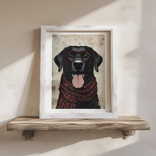 Black Labrador Dog in Glasses Mixed Media Art Print A4