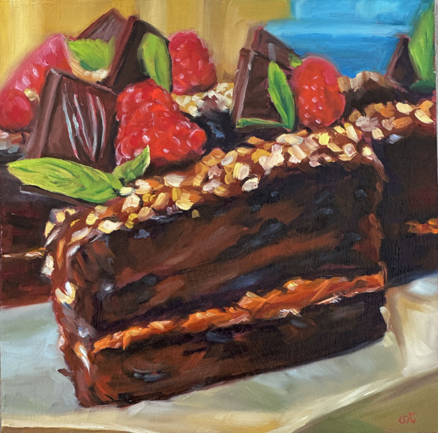 Schokoladenkuchen mit Himbeeren - Feine Ölmalerei für dein Zuhause 