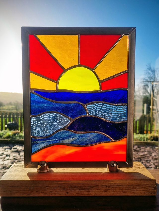 Sunset on the Beach - Timber Mounted Stained Glass Panel