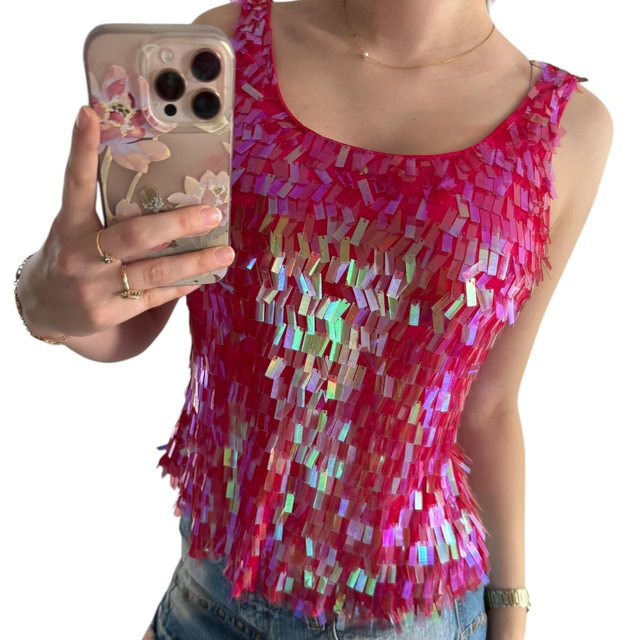 y2k hot pink rectangle sequin vest top 