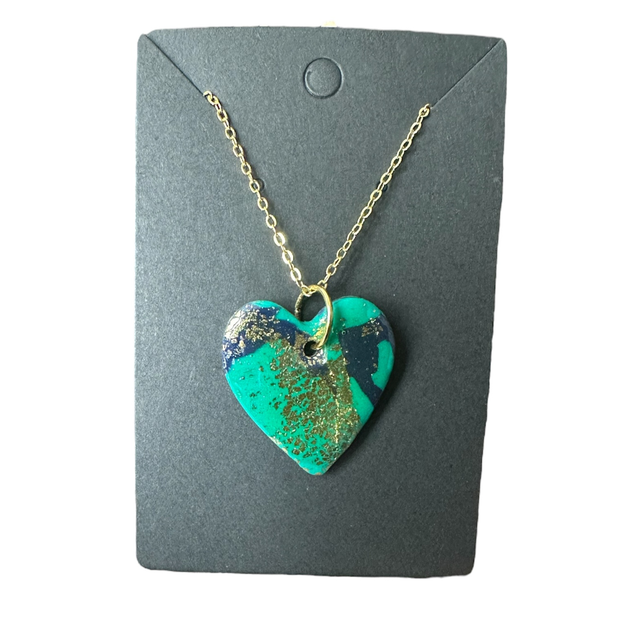 Teal and Navy Polymer Clay Heart Necklace