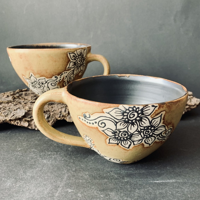 Ceramic Cup with Henna Patterns, wide-rim, handmade, Designer Piece
