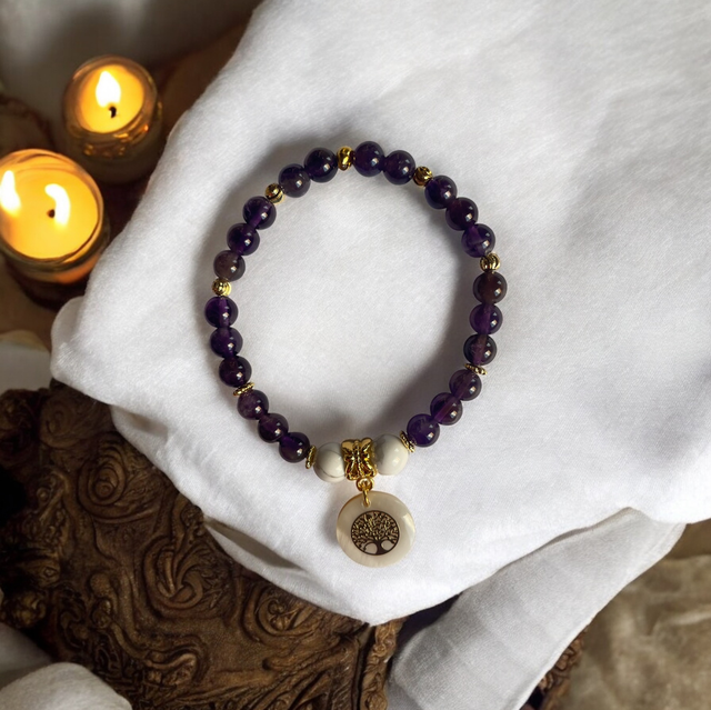T18 Bracelet « Harmonie » améthyste, howlite, breloque arbre de vie sur nacre 