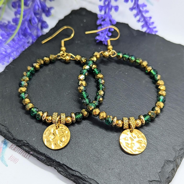 Gold Tone Plated Stainless Steel &amp; Glass Beaded Hoop Earrings 