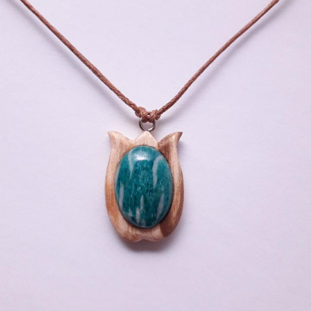 Amazonite Necklace with Hand Carved Palo Santo Wood 