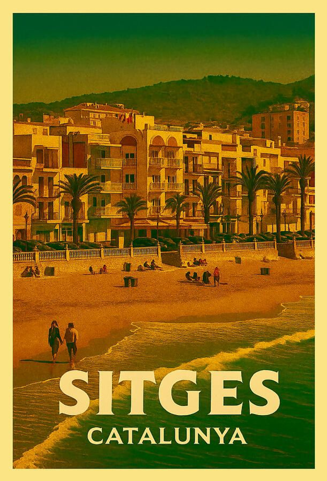 Póster vintage de Sitges, playa de San Sebastián, lámina artística de viaje