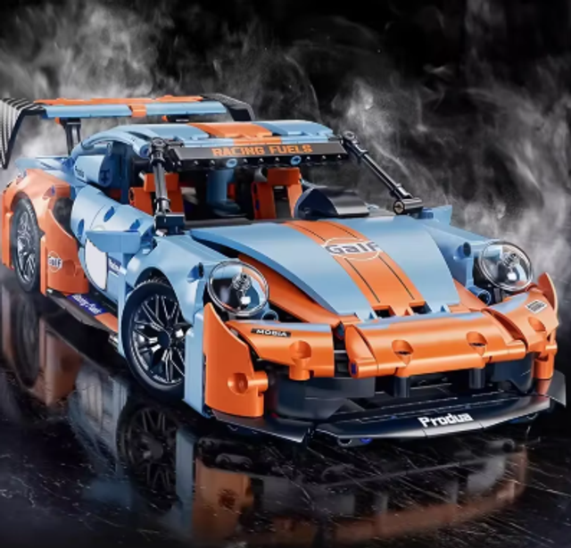 Race auto bouwstenen kleur oranje blauw (nieuwe) 