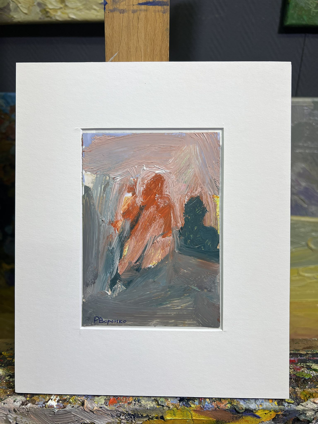 Fragment 442 „Begegnung im Licht“ von Rostyslav Voronko, Öl auf Karton, 2024 – zwei abstrakte Figuren im warmen Licht.