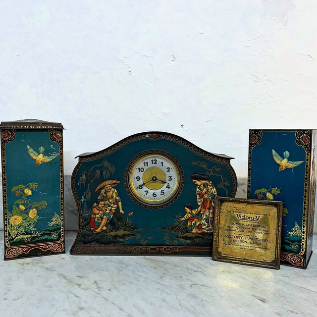 Early 20th Century “Victory V Gums & Lozenges” Chinoiserie Clock Tin by Fryer & Co., England