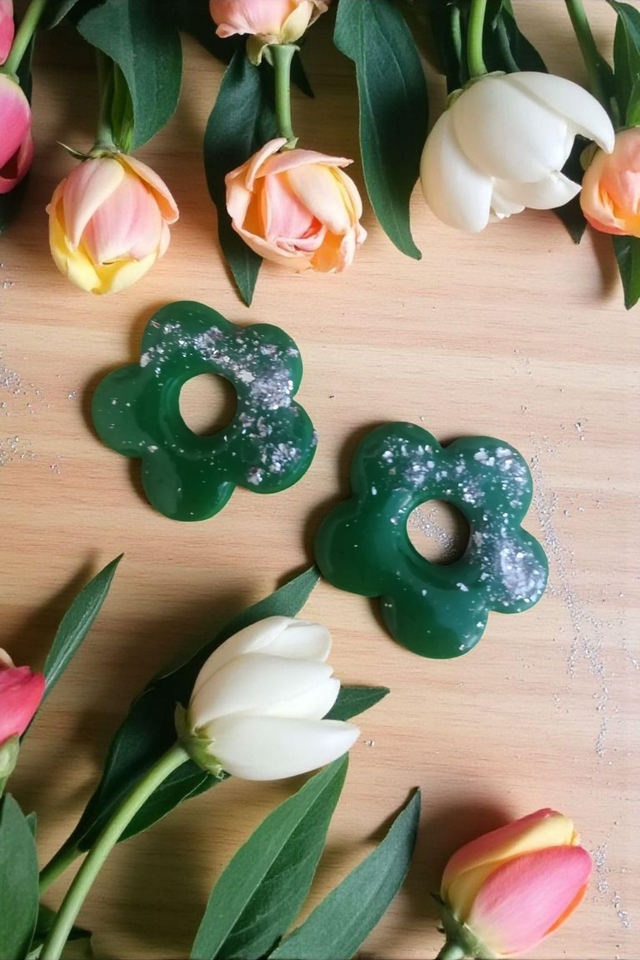 Pampilles interchangeables vert foncé et feuilles argentées 