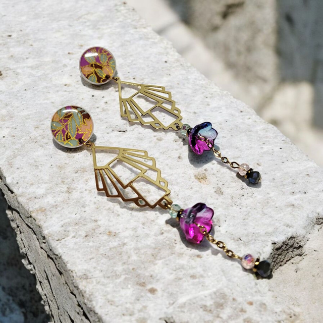 Boucles d'oreilles pendantes motifs japonais violet rose bleu