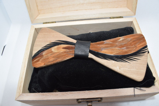 Nœud papillon bois et plumes