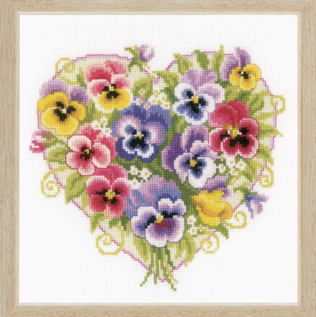 Counted Cross Stitch Kit: Pansies in Heart Shape.by Vervaco