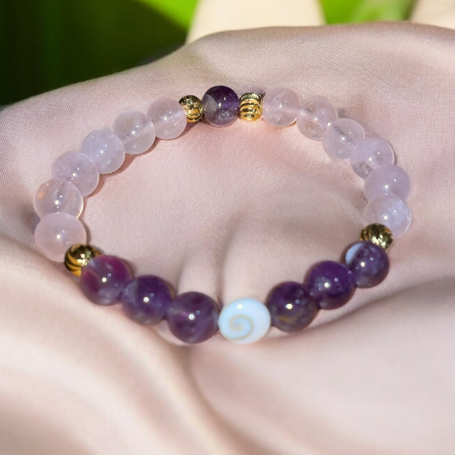 U9 bracelet bien-être quartz rose améthyste œil de Sainte Lucie 