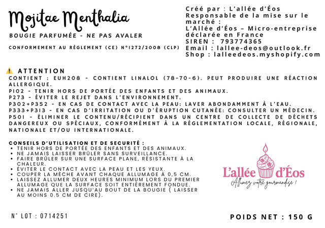 Bougie Gourmande Mojitae Menthalia - Parfum Mojito ( ModĂšle unique)