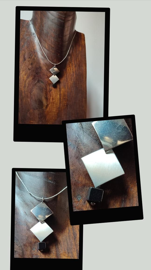 Collier carrés argentés et cube en hématite noire ( pierres naturelles)monté sur fil de lin, chaîne d'extension 