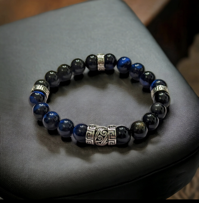 Protection des énergies négatives/Bracelet en Obsidienne noire dorée et Œil de Tigre bleu