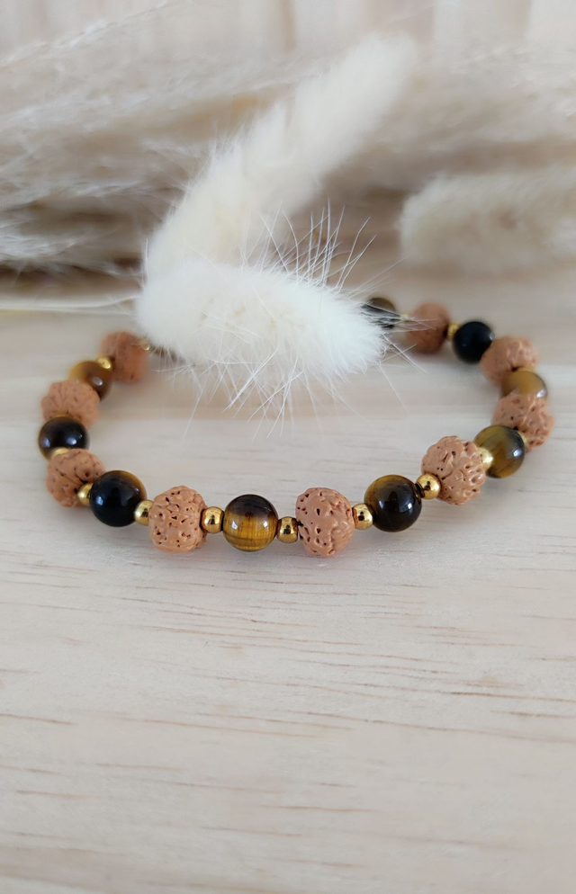 Bracelet "Force et Stress" Oeil de tigre et Graines de Shiva