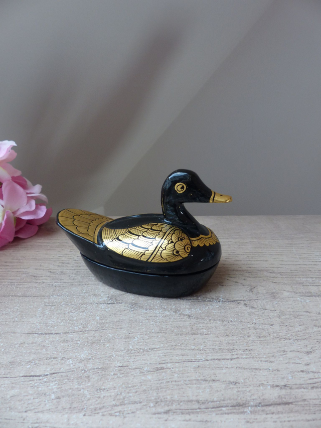 Vintage Boite Canard, boîte de bibelots, boite à bijoux canard noir et or, boîte de canard laqué, figurine canard noir, décoration chambre