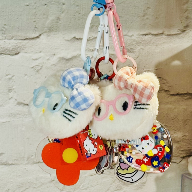 Hello Kitty plush pendant charm with handpainted mirror & matching charms BLUE design